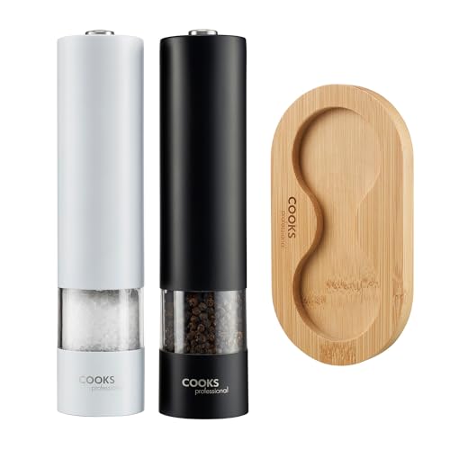 Cooks Professional Electric Salt and Pepper Mill Set with Bamboo Base | Battery Operated Automatic Grinders with Adjustable Grinding & One Touch Operation | Condiment Grinder & Stand | Black & White
