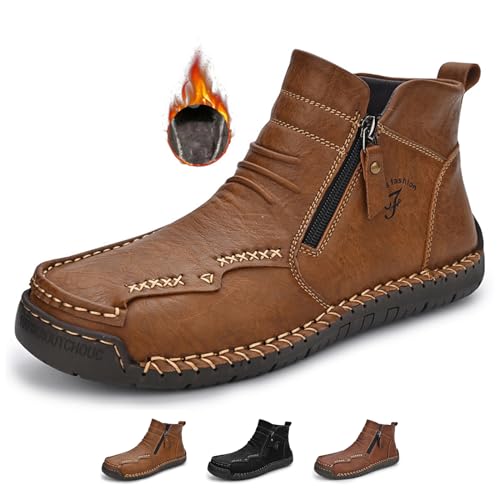 Zeberfi Men's Waterproof Leather Chukka Ankle Boots for Hiking Camping & Driving Fashion Retro Side Zip Hand Stitched High Top Outdoor Walking Sneakers Optional Warm Velvet Lining Snow Boots