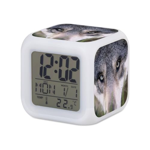 Fabulous Réveil Cube Lumineux Blanc - Gros Plan Yeux Loup Photo Nature Animal Sauvage - 7,8 x 7,8 x 7,8 cm - Retro Éclairage Multicolore LED