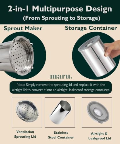 Image of Maru Steel Sprouts Maker 1000ml with Hole Mesh Lid & Drain Stand, Includes Airtight Lid for Storage Container, Plastic /BPA Free Sprouting Jar for Moong, Green Gram, Beans, Chickpeas, Seeds & Lentils