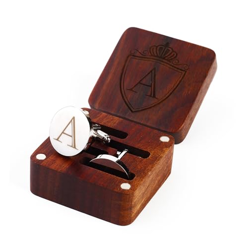 Image of Mens Initial Silver Cufflinks A-Z Alphabet Letter Steel Cuff Links with Engraved Walnut Wood Box Groom Groomsman Wedding Set