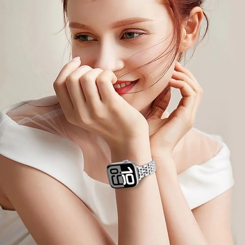 Image of Anlinser Metal Bands Compatible with Apple Watch Band for Women 49 /46 /45 /44 /42 /41 /40 /38mm, Thin Band Designed for iWatch Series 11 10 9 8 7 6 5 4-1 SE (42 /41 /40 /38mm, Silver)