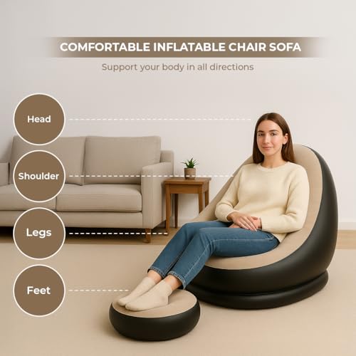 Image of Inflatable Lounge Chair with Air Pump & Footrest, 2-in-1 Folding Portable Recliner Sofa for Indoor Living Room, Bedroom, Office, Balcony, Outdoor Camping, Travel & Garden Use