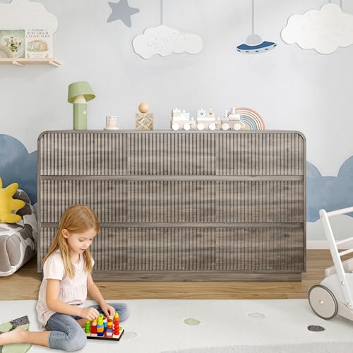 Image of BORNOON Dresser for Bedroom with 9 Drawers, Fluted Chest of Drawers with Round Curved Corner, Hidden Handles, Modern Wood Storage Organizer for Bedroom, Nursery, Living Room