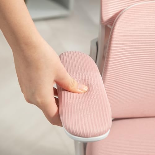Sedia da Ufficio Ergonomica con Supporto Lombare, Braccioli Ribaltabili, Poggiatesta Regolabile, Poltrona Scrivania Girevole Inclinabile con Schienale Alto, Altezza Regolabile in Rete, Rosa - Sedia gaming - Immagine 8