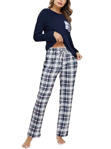 Aseniza Pyjama Femme Hiver Ensembles de Pyjama Coton Vêtement de Nuit Manche Longue 2 Pièces Bleu...