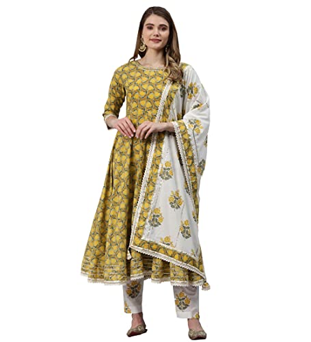 Image of Divena Mustard Cotton Anarkali Kurta Pant Set With Dupatta