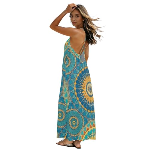 Robe longue dos nu mandala bleu pour vos soirées plage et vos sorties d'été décontractées