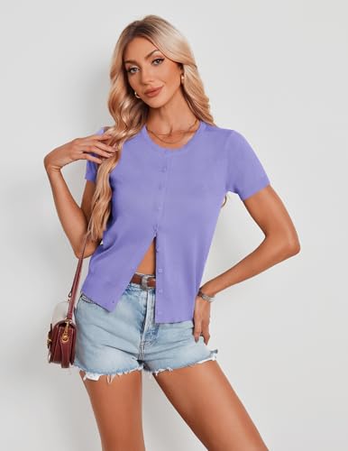 Image of GRACE KARIN Women Short Sleeve Cardigan, 2026 Summer Knitted Sweater Tops, Basic Crew Neck Crop Outfits