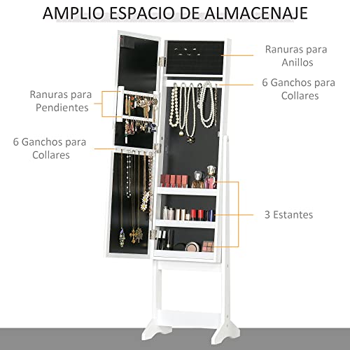 HOMCOM Espejo Joyero con Luces LED, Armario para Joyas, Armario Joyero de Pie con Espejo Entero, Ángulo Ajustable, con Estantes, Ranuras para Anillos, Blanco Cálido - imagen 3