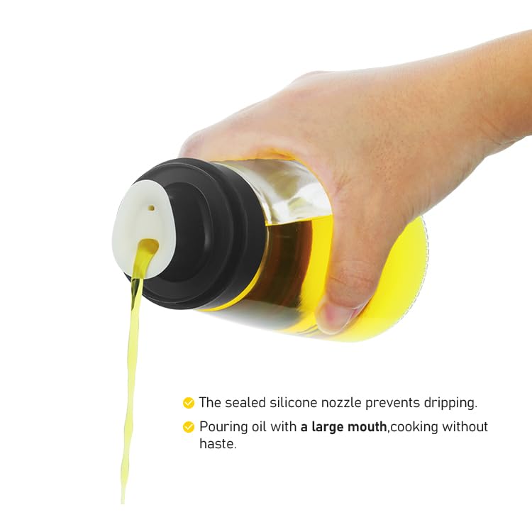 2 Pcs Small Glass Olive Oil and Vinegar Dispenser Bottles Set for Kitchen Cooking with Silicone Dual Pouring Spout, Soy Sauce Dispenser with Dust-proof Lid (Black, 8 oz) - Image 6