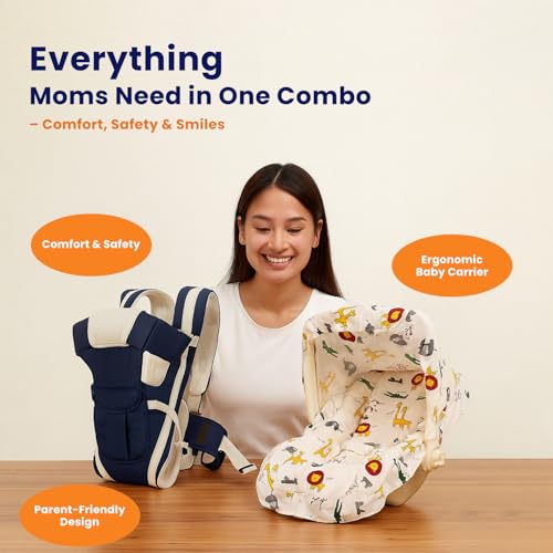 Image of BabyGo Baby Combo : Carry Cot & Rocking Chair with Adjustable Handle + Adjustable Baby Carrier Cum Kangaroo Bag | Safe, Comfortable & Multi-Functional Infant Gear (Beige & Blue)