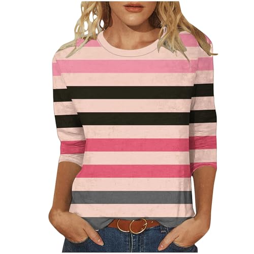 3/4 Length Sleeve Womens Tops Striped Casual Crew Neck T Shirts Loose Fit Color Block Business Dressy Blouses Summer Clothes