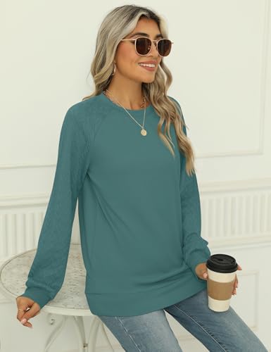 Image of LOMON Long Sleeve Shirts for Women Dressy Casual Crewneck Cable Knit Sleeve Sweaters Lightweight Pullover Tunic Tops