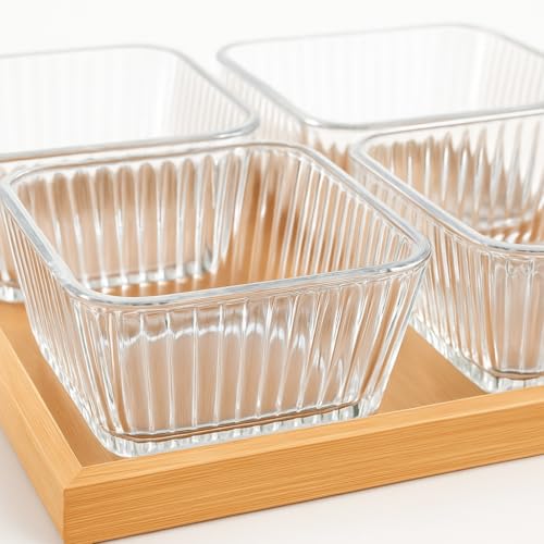 Image of 250ml Glass Serving Bowl Set of 4 with Bamboo Tray | Snack, Dry Fruit, Mukhwas & Candy Bowls for Dining Table | Transparent Glass Katori Set