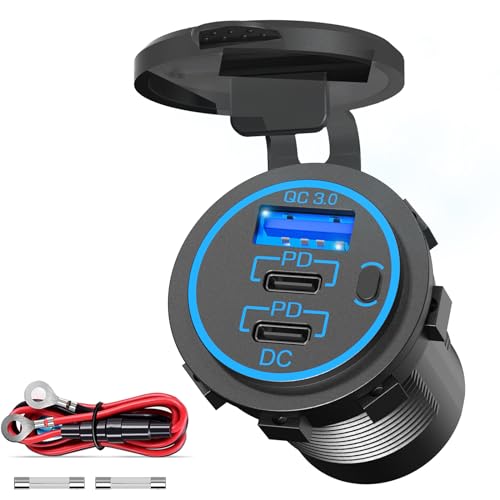 PD 3.0 USB C Steckdose 12V Einbau: Dual Typ C USB Dose Buchse Wasserdicht 12 Volt KFZ Zigarettenanzünder Adapter mit Schalter für Wohnmobil Auto Motorrad Boot LKW Wohnwagen