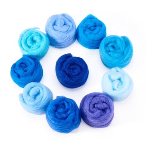 Image of Boutigem 10 Colors Blue Needle Felting Wool 50g, 1.76oz Blue Wool Roving for Needle Felting, Soft Spinning Felting Wool Supplies for DIY Crafts, Felting, Blending, Weaving and Hand Spinning