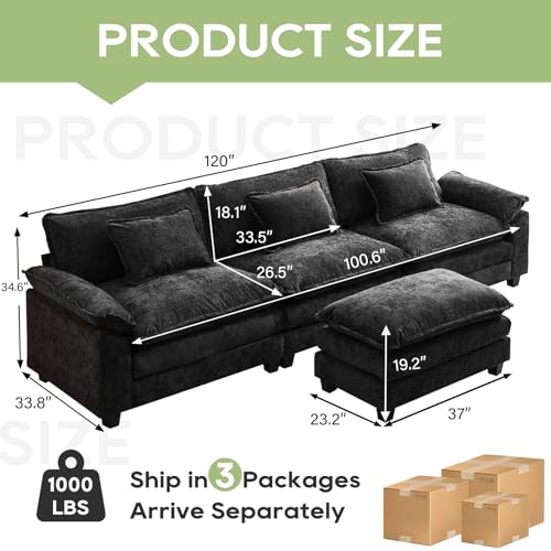 Image of Oprisen 120 inch Modular Sectional Sofa, Comfy Cloud Couch Sectional Sofa with Ottoman, Chenille Sofa Sleeper Deep Seat Sofa with Throw Pillows for Living Room (Black, 120 inch- L Shape)