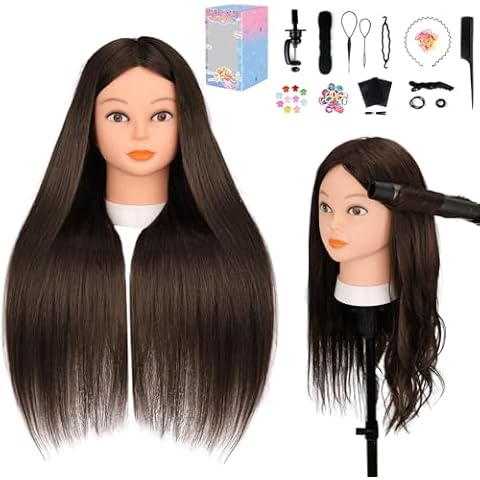 Mannequin Head with 70% Human Hair, Yofuly 26" Dark Brown Real Human Hair Training Head, Cosmetology Doll Head with Clamp Holder & Tools, Practice Doll Head for Hair Styling, Braiding, Curling,Cutting Cover