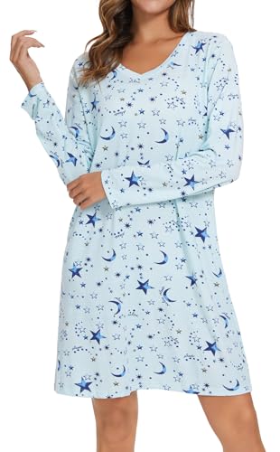 Image of Kabento 2 Pack Long Sleeve Nightgowns for Women Soft Cotton Night Gowns Sleepwear V Neck Nightshirts