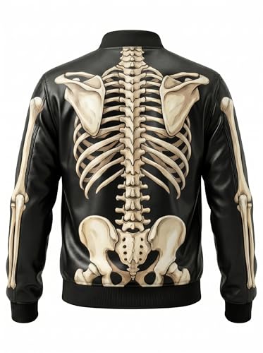 Image of Halloween Men's Black Skeleton Bone Print Leather Jacket | Theme Party Costume Cosplay Fashion Style Biker Real Leather Jacket