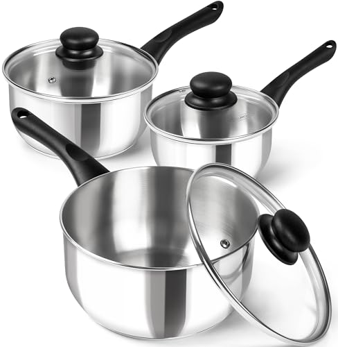 MICHELANGELO Stainless Steel Saucepan Set, 6-Piece, 1QT 2QT 3QT with Lids