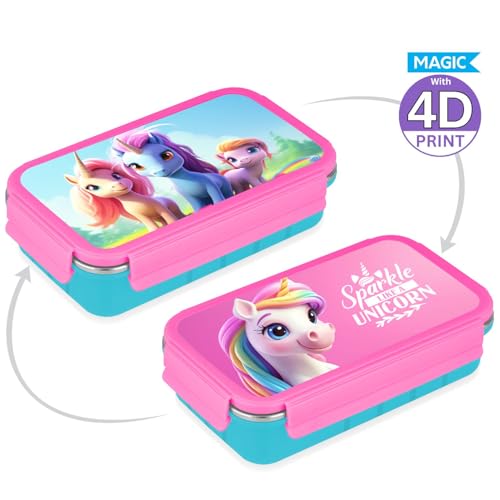 Image of Aliensware 4D Bento Kids Lunch Box with 2 Compartment, Microwave-Safe BPA Free Advance Coating Stainless Steel Kids Lunch Box, Food Grade Tiffin Box for School, College, Picnic, office-500ml(MB01-PNK)