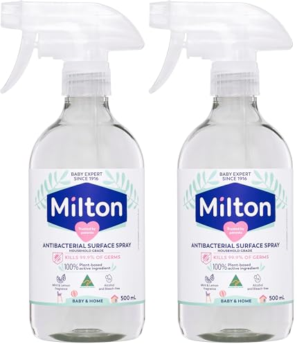 Milton Antibacterial Surface Spray Household Grade Disinfectant Kills 99.9 Percentage of Germs 100 Percentage Plant-Based Acitve ingredient Safe around Baby Australian Made 500ml (Pack of 2)