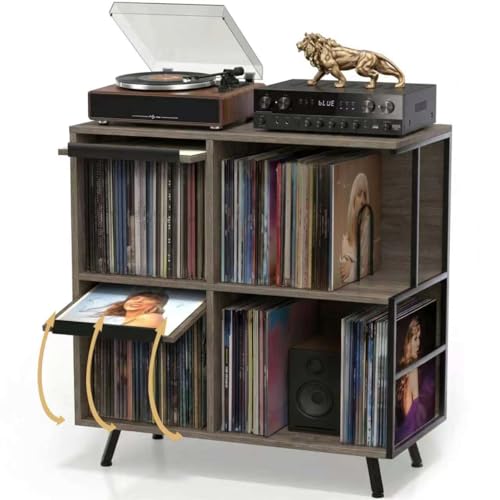 Image of Faesun 3 Tier Flip Top Record Player Stand, Vinyl Record Storage Holds up to 300+ Albums, Large Record Player Cabinet, Vintage Turntable Stand with Vinyl Display, for Living Room Bedroom, Gray