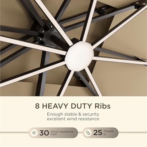 Image of 10' X 13' Patio Umbrella with Weighted Base and LED Lights Outdoor Cantilever Large Rectangle Offset Umbrellas Heavy Duty Aluminum Double Top with 360-degree Rotation for Pool Garden Deck, Beige