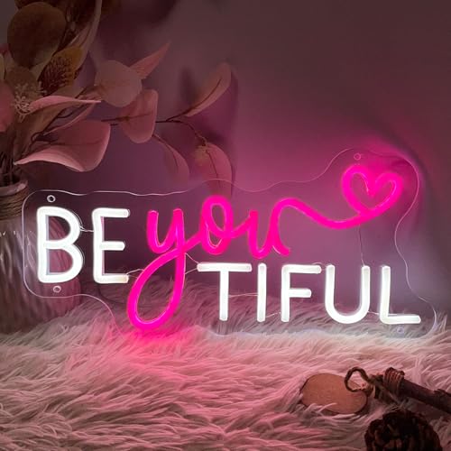 Image of Be Your Tiful Neon Sign For Spa Beauty Room Nail Brows Lashed Salon Studio LED Wall Art Decor For Business Stores Logo Barber Shops Led Word Indoor Custom Neon Lights 5V USB Pink White 40x19.6 CM