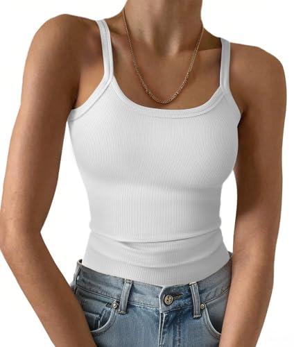 Ribbed Tank Tops for Women 2025 Spaghetti Strap Scoop Neck Slim Fitted Basic Sleeveless Casual Workout Cami Shirts