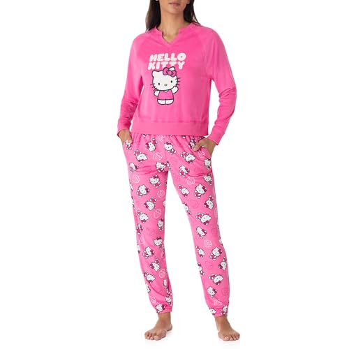 Richard Leeds International Womens Long Sleeve Pajama Top & PJ Jogger Pant Set with Pockets - Hello Kitty | Pooh | Snoopy | Stitch - Soft Loungewear & Sleepwear PJs Sets for Women, Pink, L
