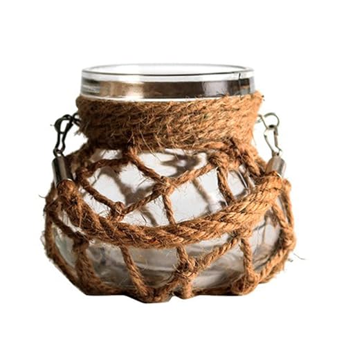 Boho Glass Vase,Rope Flower Vase Farmhouse Flowers Vase Glass Vase with Rope Handle Hydroponic Vase Mason Jar Flower Vase for Centerpieces Hanging(Khaki,15cm)