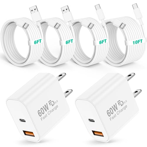 deloni 60W USB C Fast Charger for iPhone 17/16/15 Pro Max Charger,2-Pack PD 3.0 Dual Port Wall Charger Block with 6Ft+10Ft USB C Cable,Super Fast Charging for iPhone 17/16/15/Air Series,iPad Pro,White