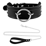Tosmifairy Black Wide Soft Faux Leather Collar Choker and Chain Set,Adjustable Thick PU Necklace for Cosplay, Big Ring Charm Chocker