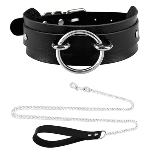 Black Wide Soft Faux Leather Collar Choker and Chain Set,Adjustable Thick PU Necklace for Cosplay, Big Ring Charm Chocker