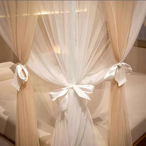 4 Corners Post Princess Mosquito Net Double Layer-Curtain & Ruffle Bed Canopy Curtain 3 Opening Netting for Girls Adults Bedroom Decoration,Champagne-Full