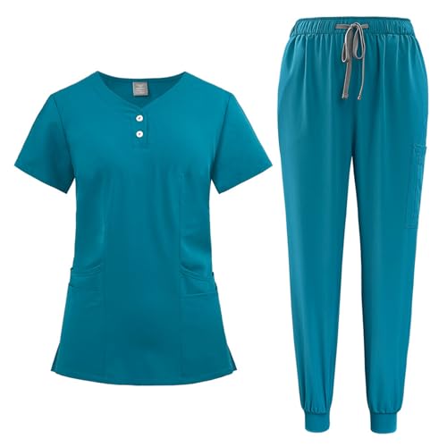 Meichoon - Set de uniformes médicos para mujer, cuello en V, blusa con botones, elastizada, suave, agradable a la piel, secado rápido DK52Lake Blue XL