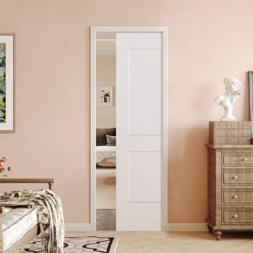 Image of BARNSMITH 28in x 80in Sliding Pocket Door, Track Hardware and Frame Kits with 2-Panel White Paintable Door Slab Included, Soft Close Mechanism, Durable and Smooth