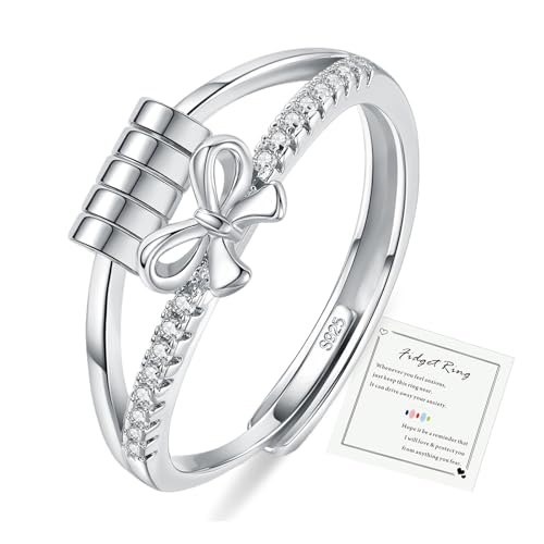 DOA 925 Sterling Silver Fidget Ring, Adjustable Thumb Anxiety Ring for Anxiety Women, Spinner Bow Rings to Relieve Stress & Worry in Platinum