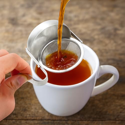 HIC Kitchen Tip Tea Strainer, 18/8 Stainless Steel, Loose Leaf Tea Filter With Drip Tray, Mess-Free Tea Serving, Set of 2