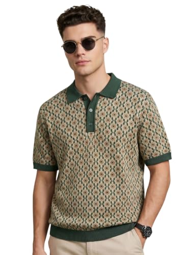 Image of Veirdo Men's Flatknit Printed Half Sleeve Polo T-Shirt with Collared Neck, Loose Comfortable Fit, Casual Style for Office, Travel, (Sizes S to 2XL)