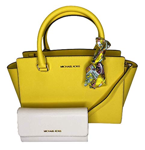 MICHAEL Michael Kors Selma MD TZ Satchel bundled with Michael Kors Jet Set Travel Large Trifold Wallet (Citrus/Lt Cream)