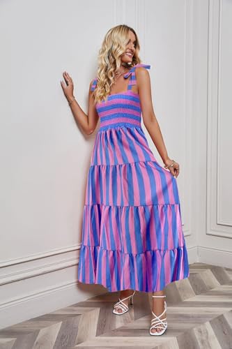 Image of kinstell Women's Summer Boho Spaghetti Strap Square Neck Ruffle Casual Flowy Long Dress Beach Swing Party Maxi Dress