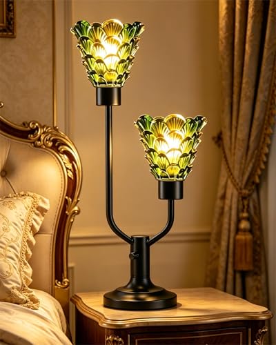 Image of Lightdot Green Glass Table Lamp for Living Room Dimmable Vintage Lamp Gift | Mid Century Modern Desk Lamp Black Nightstand Lamp 2 Bulbs Included Warmwhite Ambient Bedside Lamp for Bedroom Home Decor