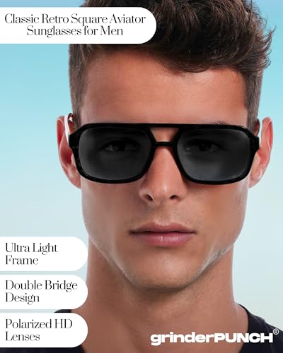 grinderPUNCH Retro Flat Square Trendy Sunglasses for Womens Mens Vintage 70s Style Double Bridge Sunglasses (Black)4