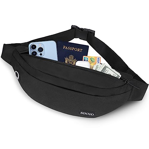 Image of SINNO Large Crossbody Fanny Pack for Women Men Belt Bag With 4-Zipper Pockets for Travel Running Hiking Workout Dog Walking Outdoors Sport Fishing Waist Pack Bag Carrying All Phones, Black, Large,