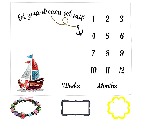 Image of LYLYCTY Baby Monthly Milestone Blanket, Nautical Design Months Blanket for Neutral Newborn Photography Background Photo Prop, Includes Wreath and Frame 60"x40" BTLSLY67