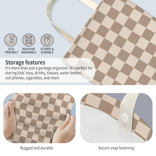 Image of Car Trash Can, Hanging Garbage Bin for Men and Women, Cute Car Organizer and Storage Bag, Canvas Vehicle Trash Can Bag Easy-to-Install Cute Checkboard